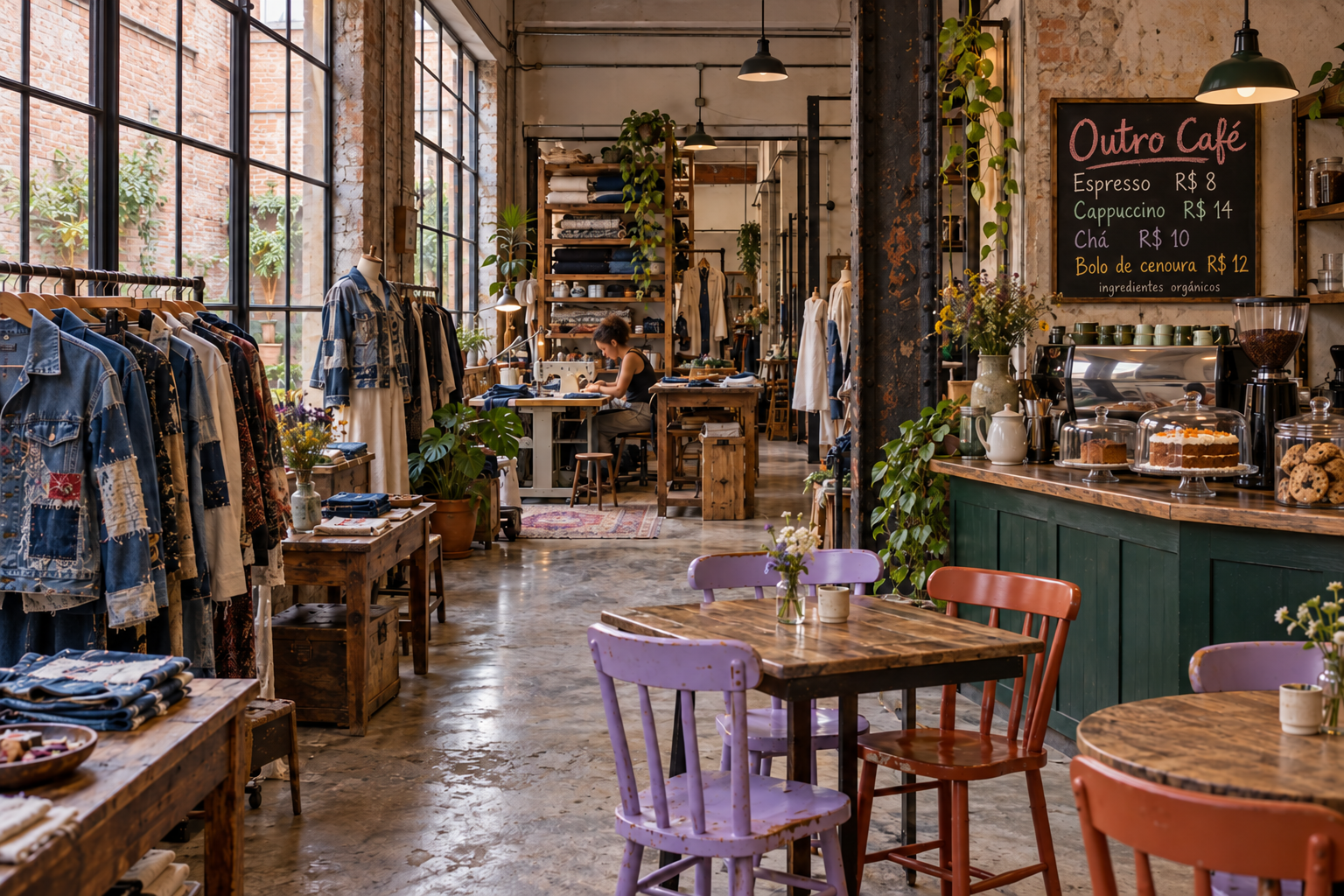 Conceito de showroom com roupas upcyclées, móveis recuperados, pequeno balcão de café e ardoise de preços