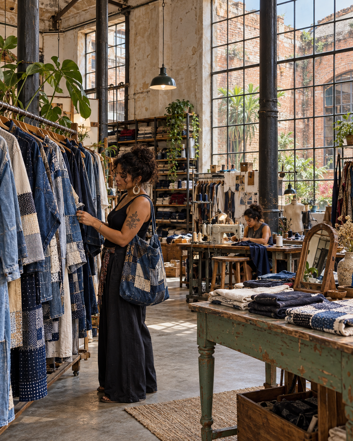 Conceito de boutique industrial com roupas upcyclées e ateliê aberto visível ao fundo