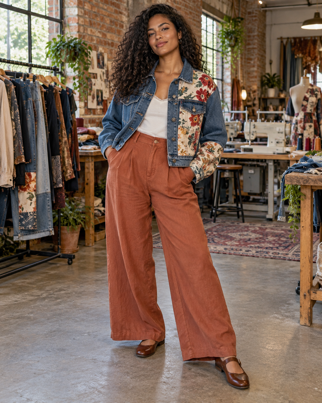 Personagem fictícia Lia, vestindo um look da coleção Outra Volta no ateliê