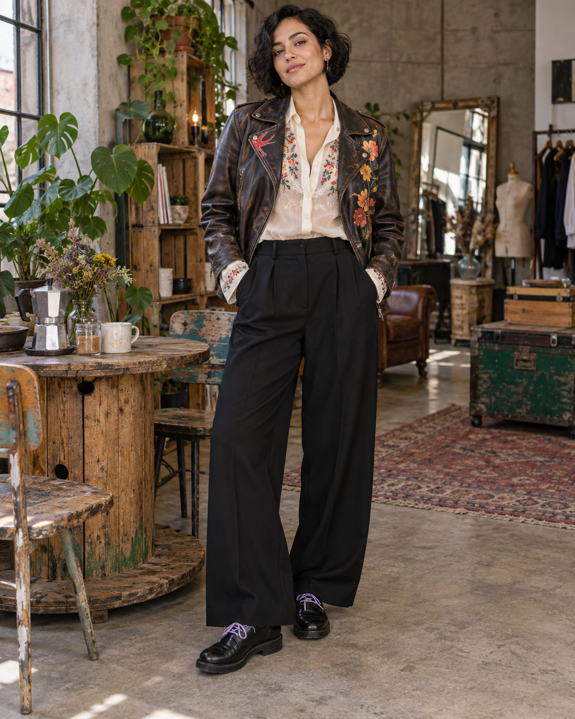 Personagem fictícia Nina, vestindo um look da coleção Outra Volta no ateliê